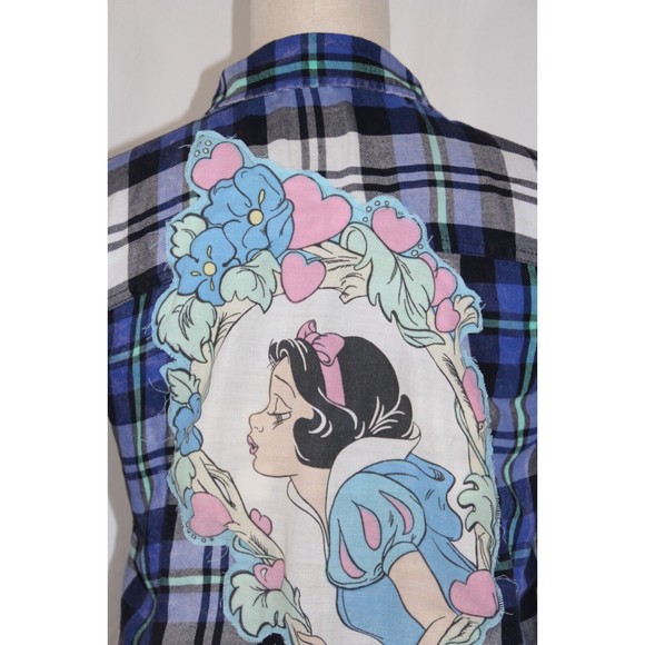 Upcycled Flannel Snow White Shirt Women's XS Button Up Plaid Bleached Distressed - Picture 4 of 10